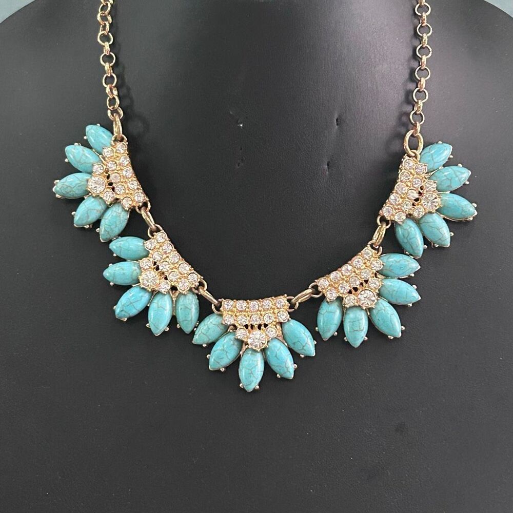 Statement Bib Necklace 18" Turquoise-blue Marquise Stones & Clear Rhinestones